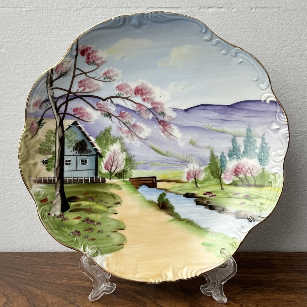 Japanese Hand-Painted Vintage Porcelain Plate Landscape Wall Decor Mid-Century